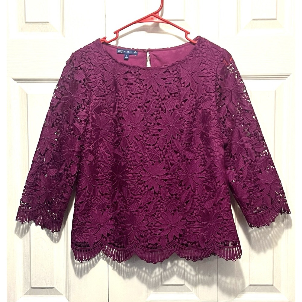 RSVP by Talbots Women Sp Magenta Purple Floral Lace Top 3/4 Sleeve Scalloped Hem